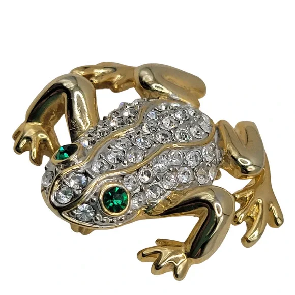 VTG Pave Rhinestone Frog Brooch Pin Emerald Eyes Gold Tone; Unmarked - Picture 4 of 5